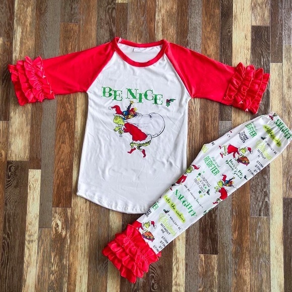 Grinch Christmas Cute Ruffle Pants Set 